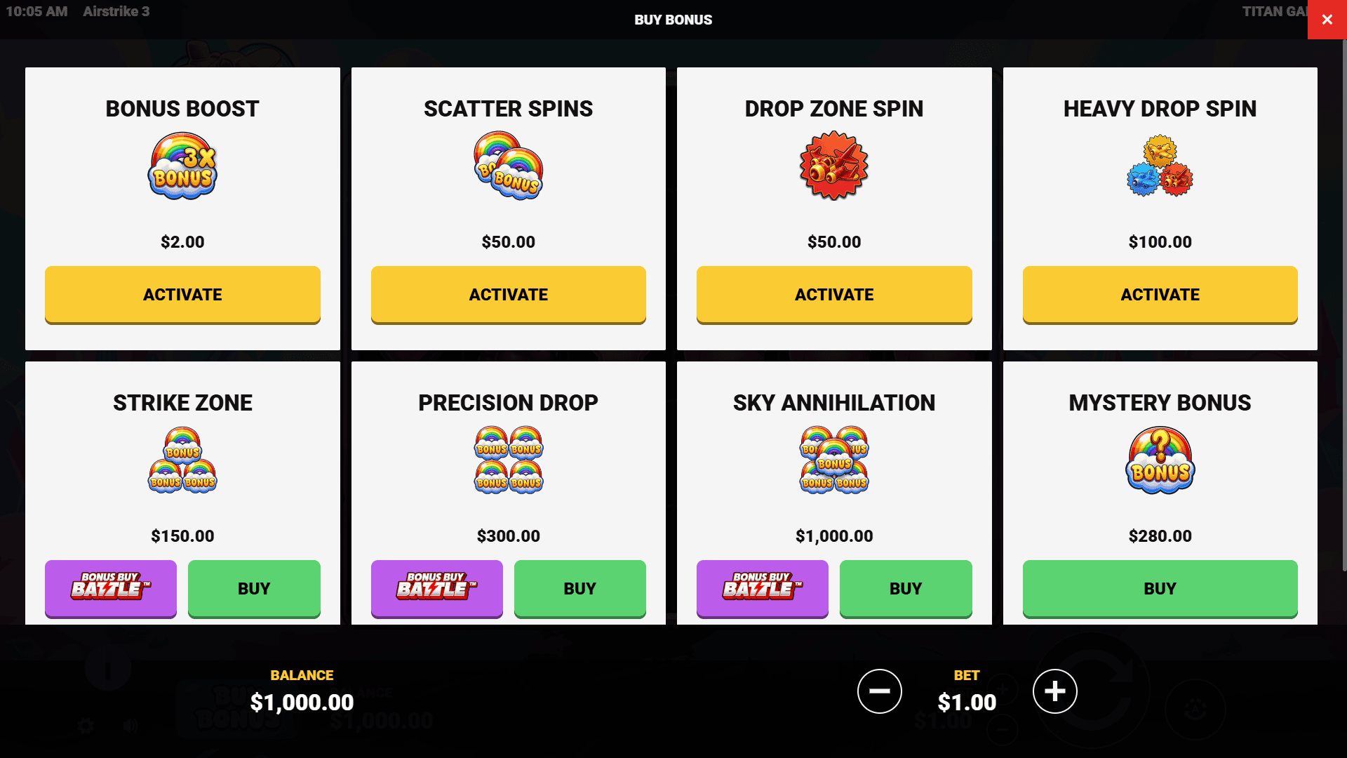 Airstrike 3 bonus buy menu