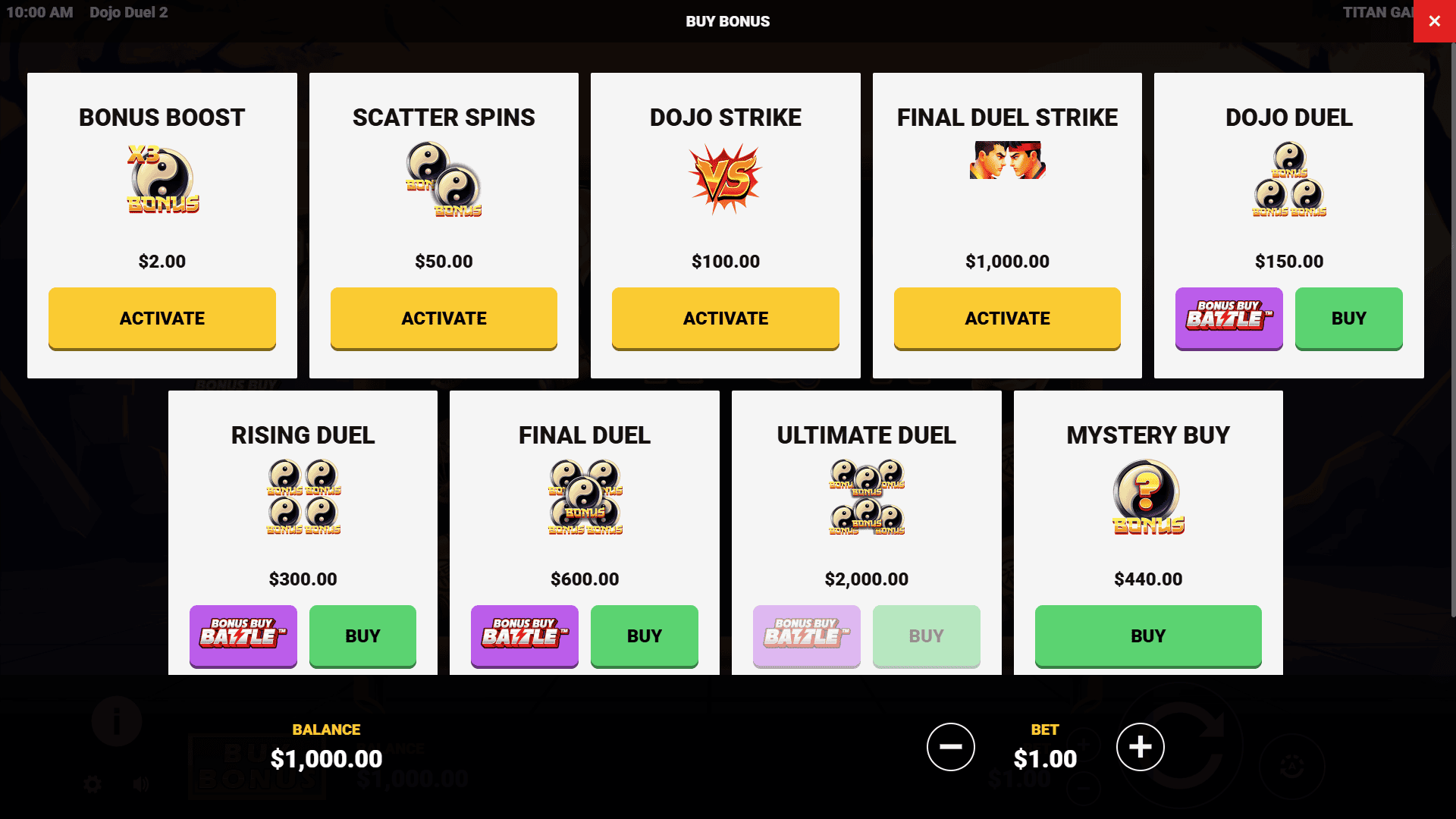 Dojo Duel 2 bonus buy menu