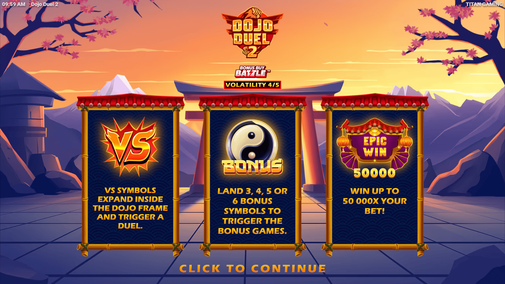 Dojo Duel 2 slot intro screen