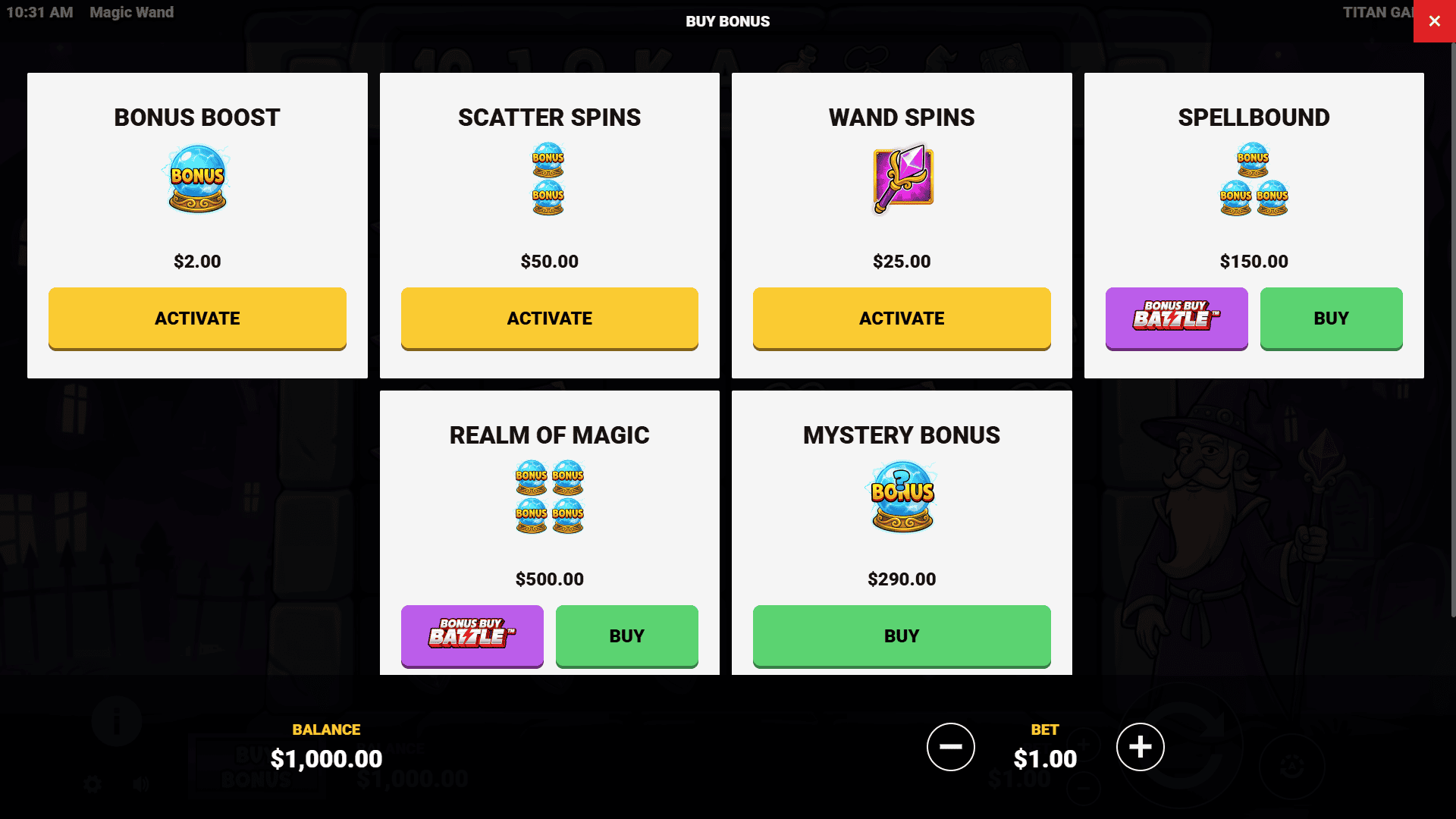 Magic Wand bonus buy menu