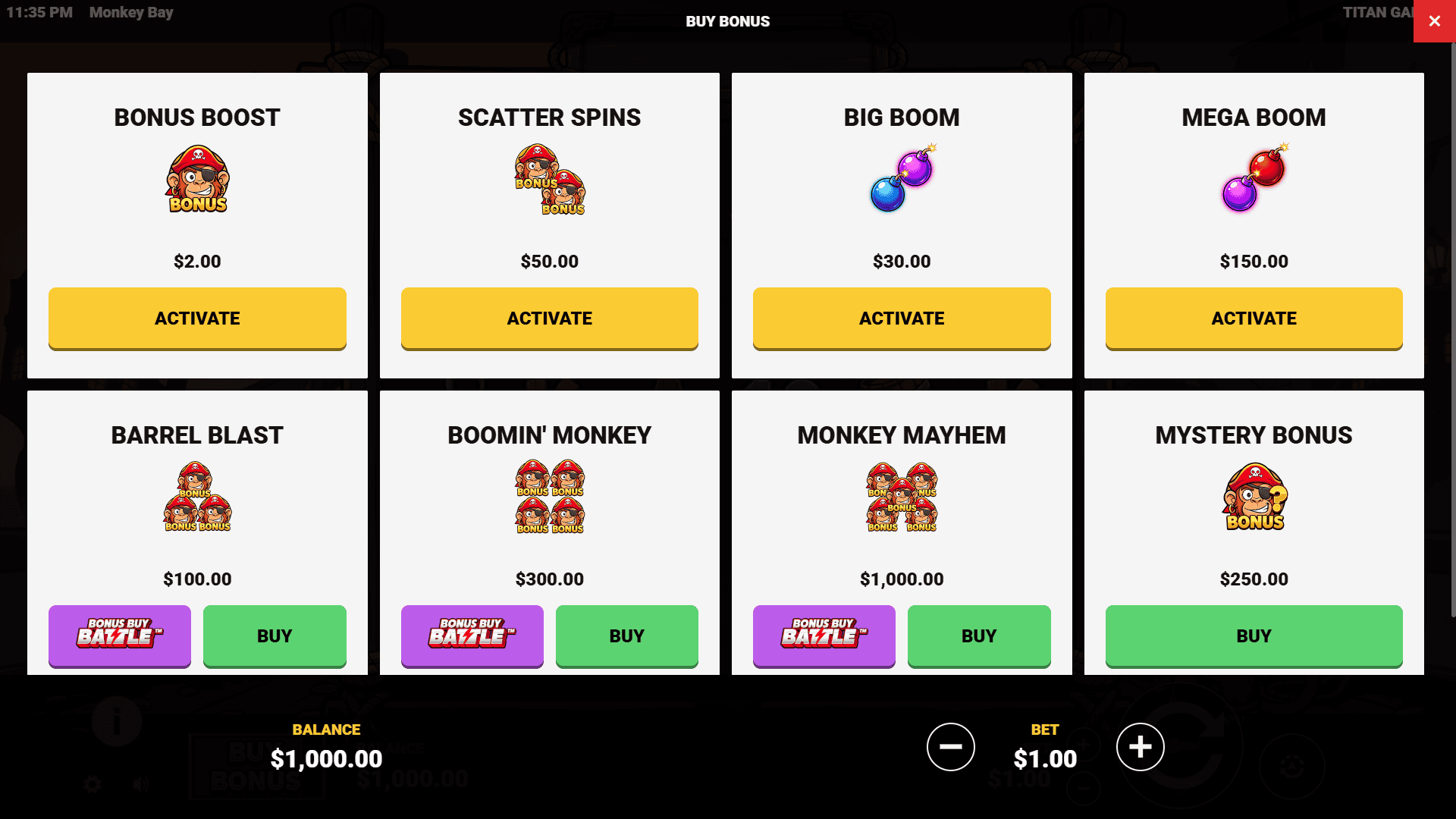 Monkey Bay bonus buy menu