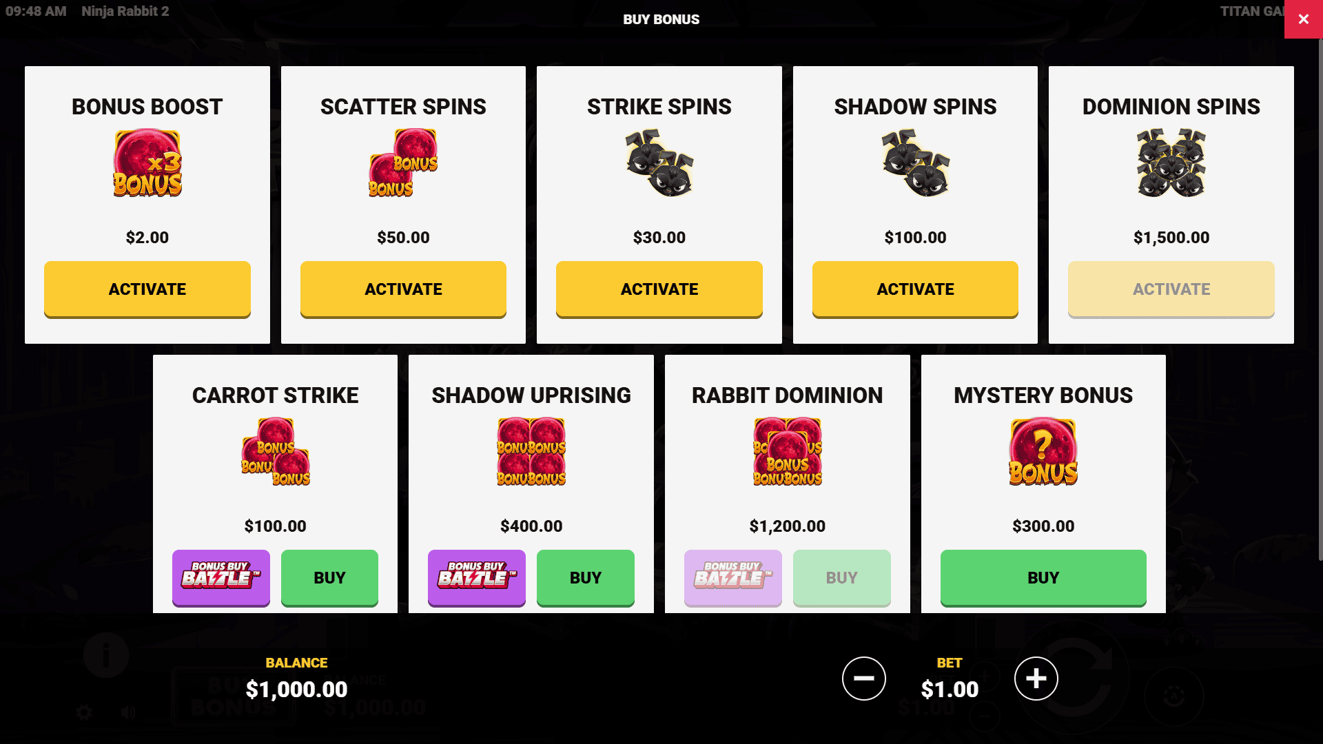 Ninja Rabbit 2 bonus buy menu