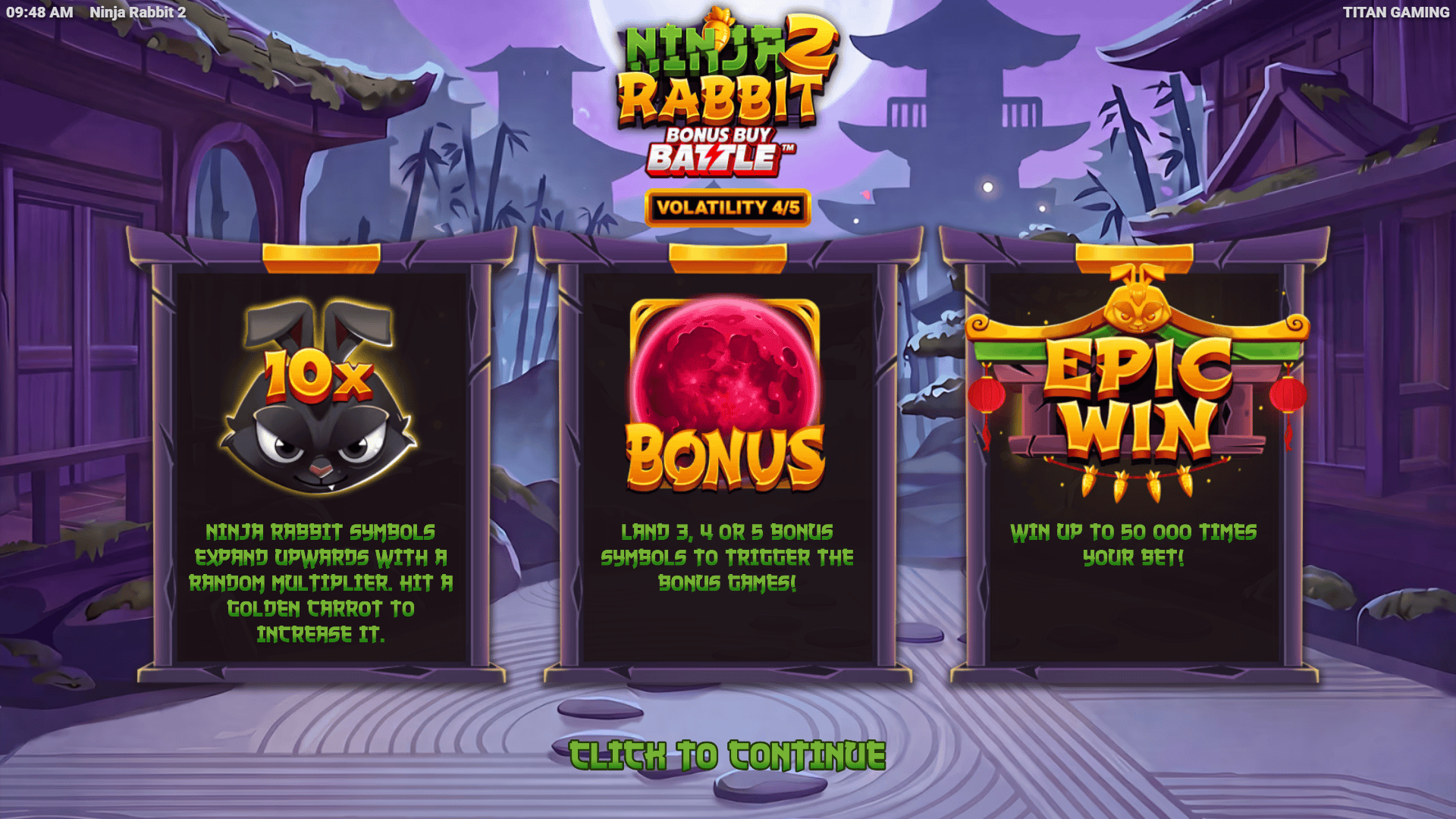 Ninja Rabbit 2 slot intro screen