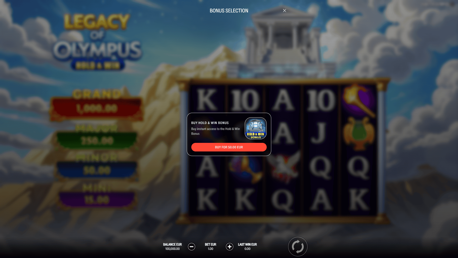 Legacy of Olympus: Hold and Win bonus buy menu
