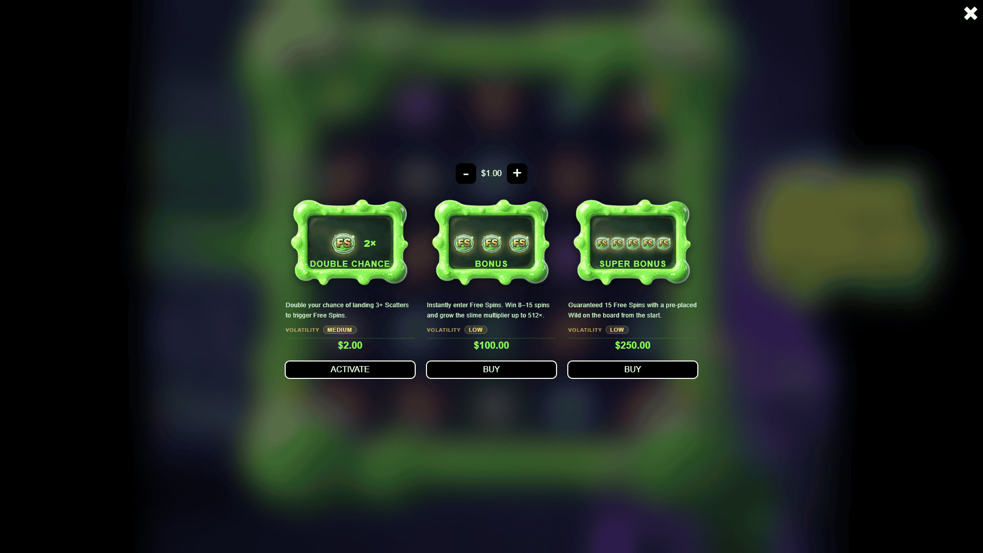 Slime Spread bonus buy menu