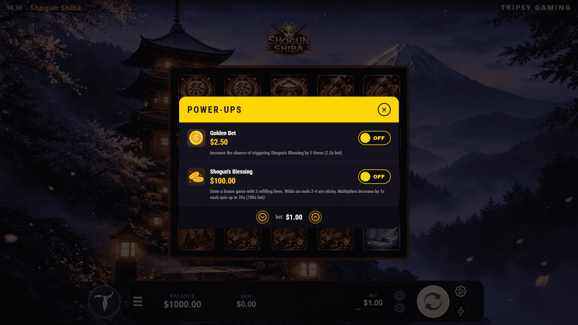 Shogun Shiba bonus buy menu