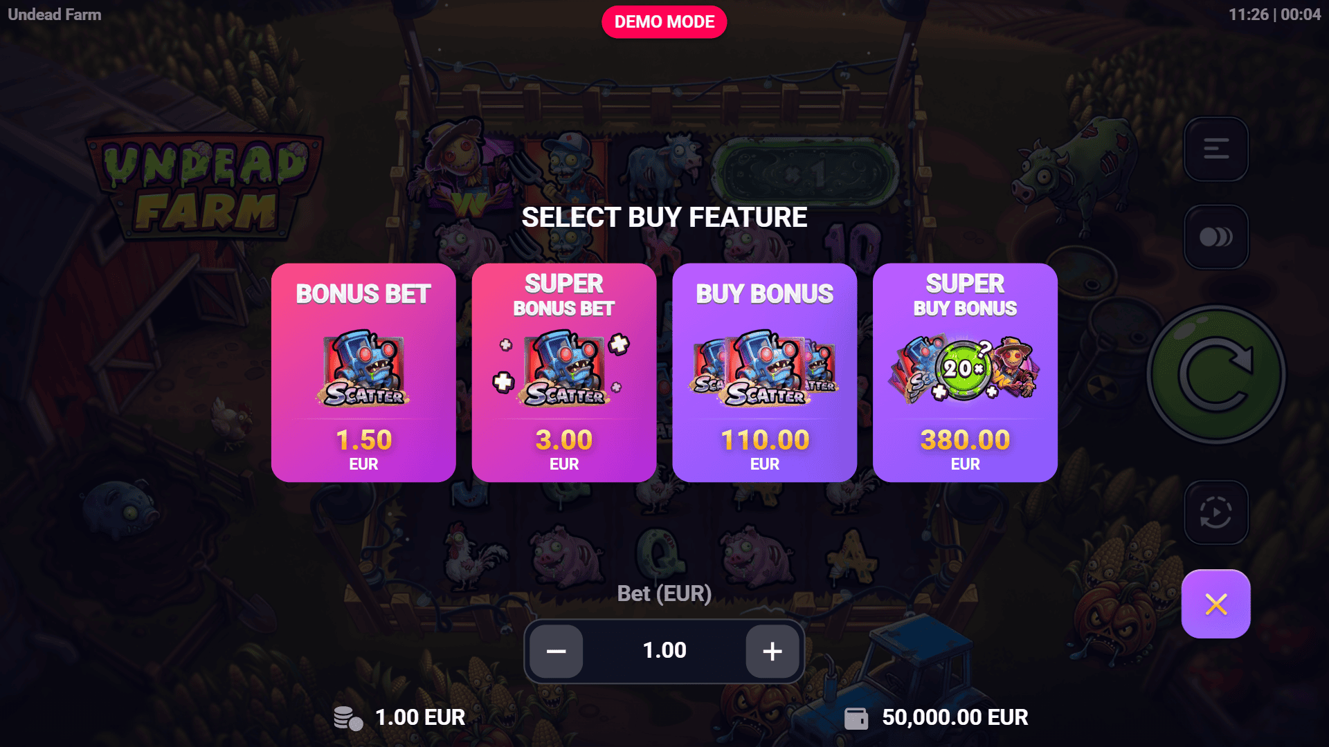 Undead Farm bonus buy menu