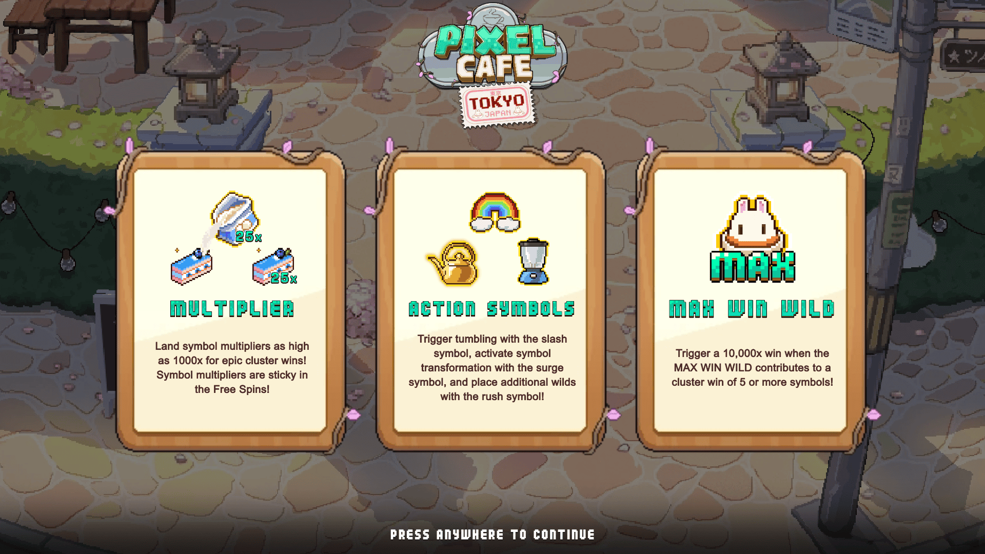 Pixel Cafe Tokyo slot intro screen