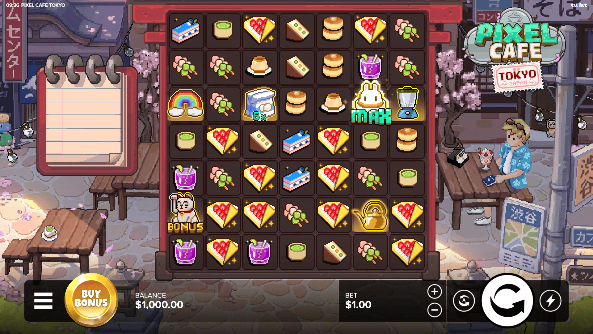 Pixel Cafe Tokyo slot gameplay reels
