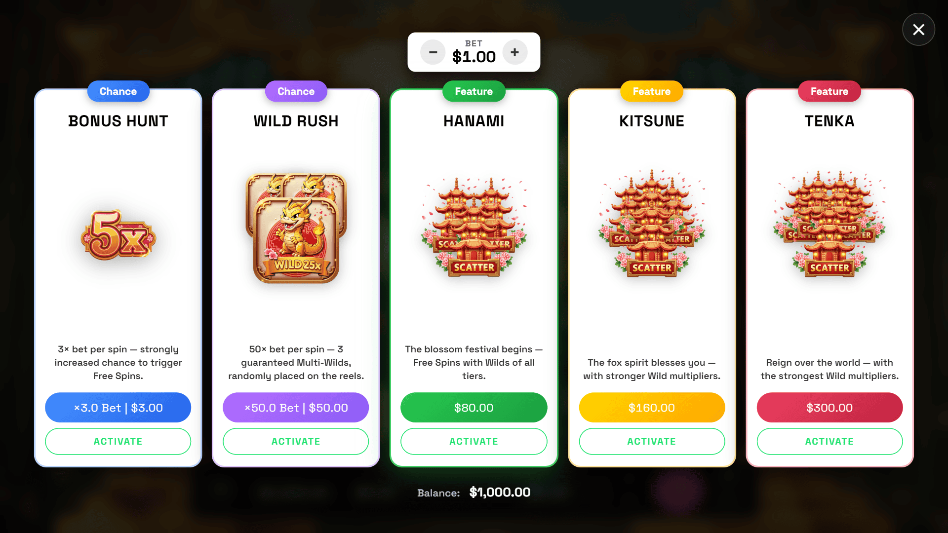 Sakura Spirits bonus buy menu
