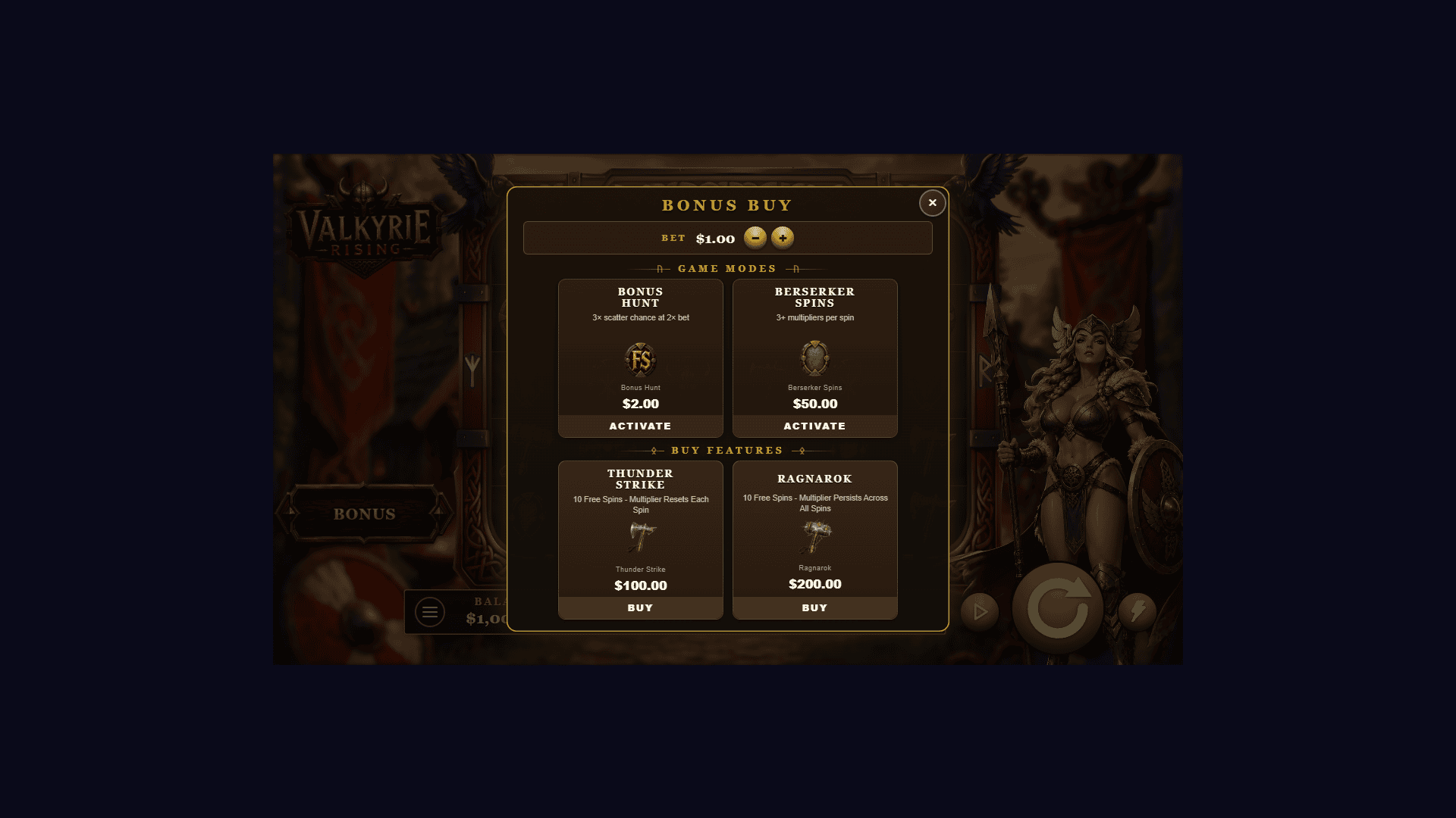 Valkyrie Rising bonus buy menu