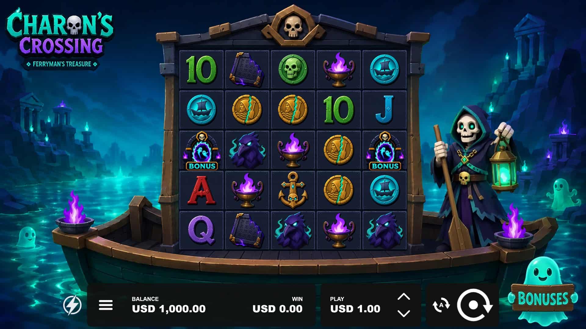 Charon's Crossing slot gameplay reels
