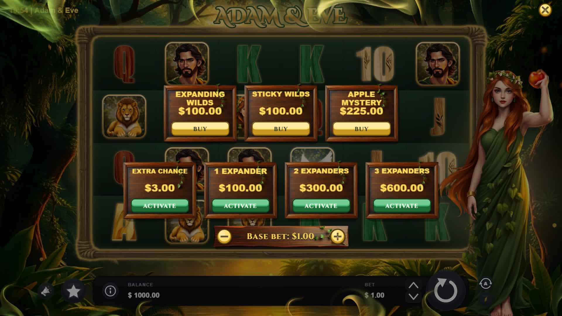 Adam and Eve bonus buy menu