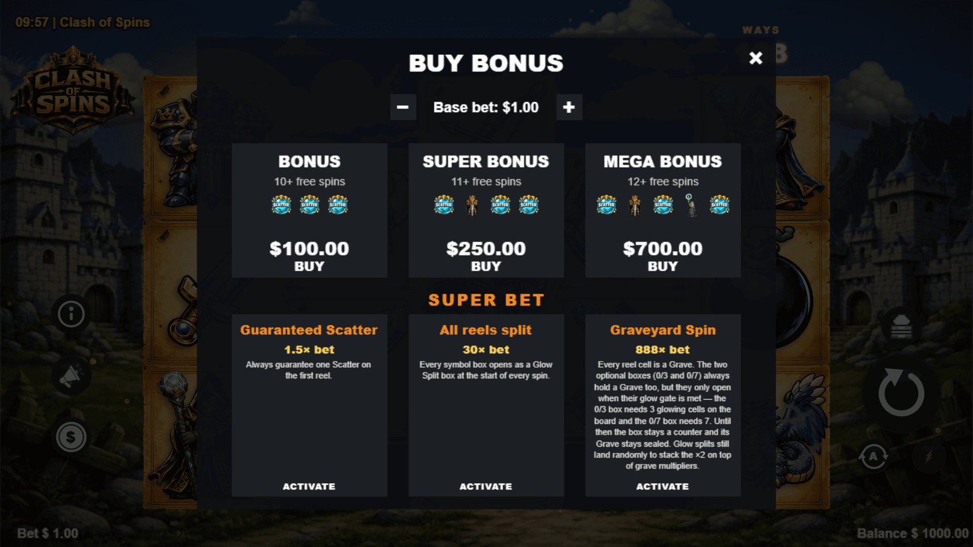 Clash of Spins bonus buy menu