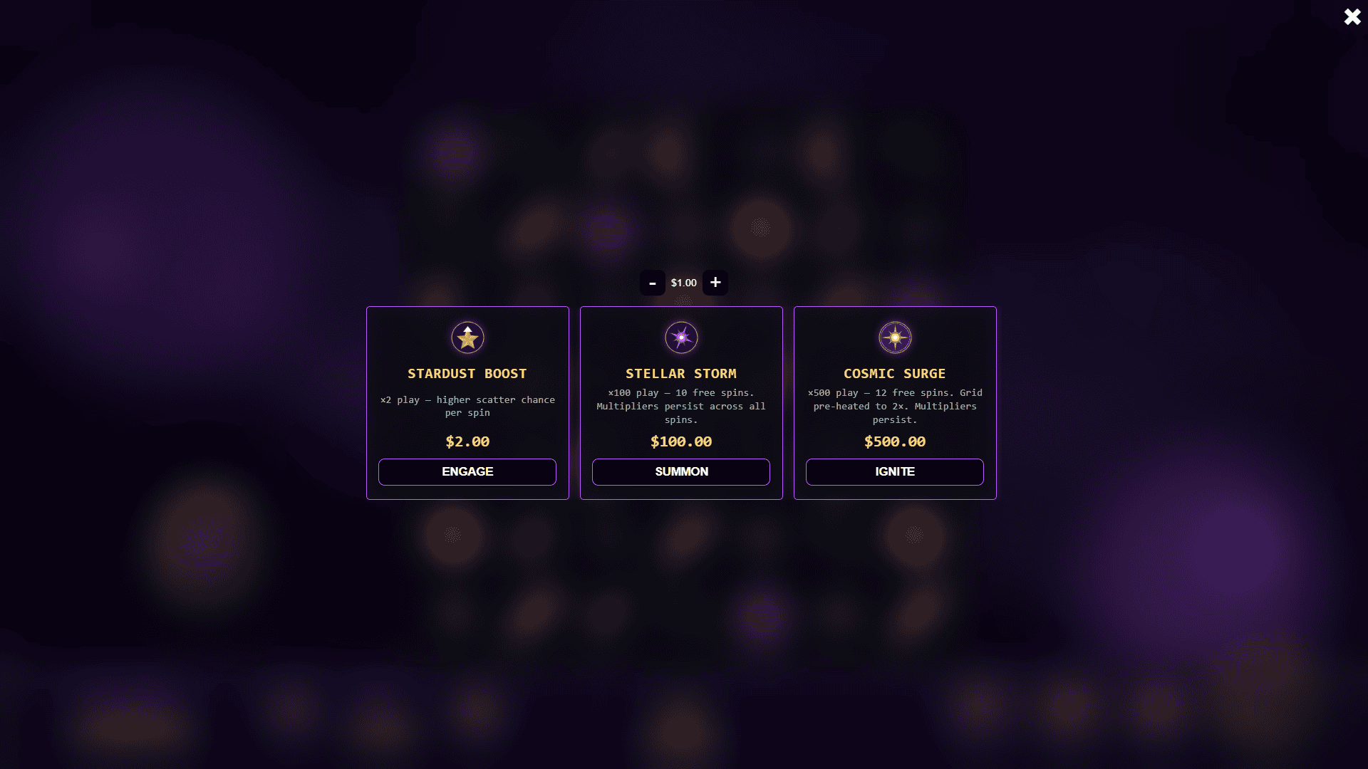 Stardust Sparkle bonus buy menu