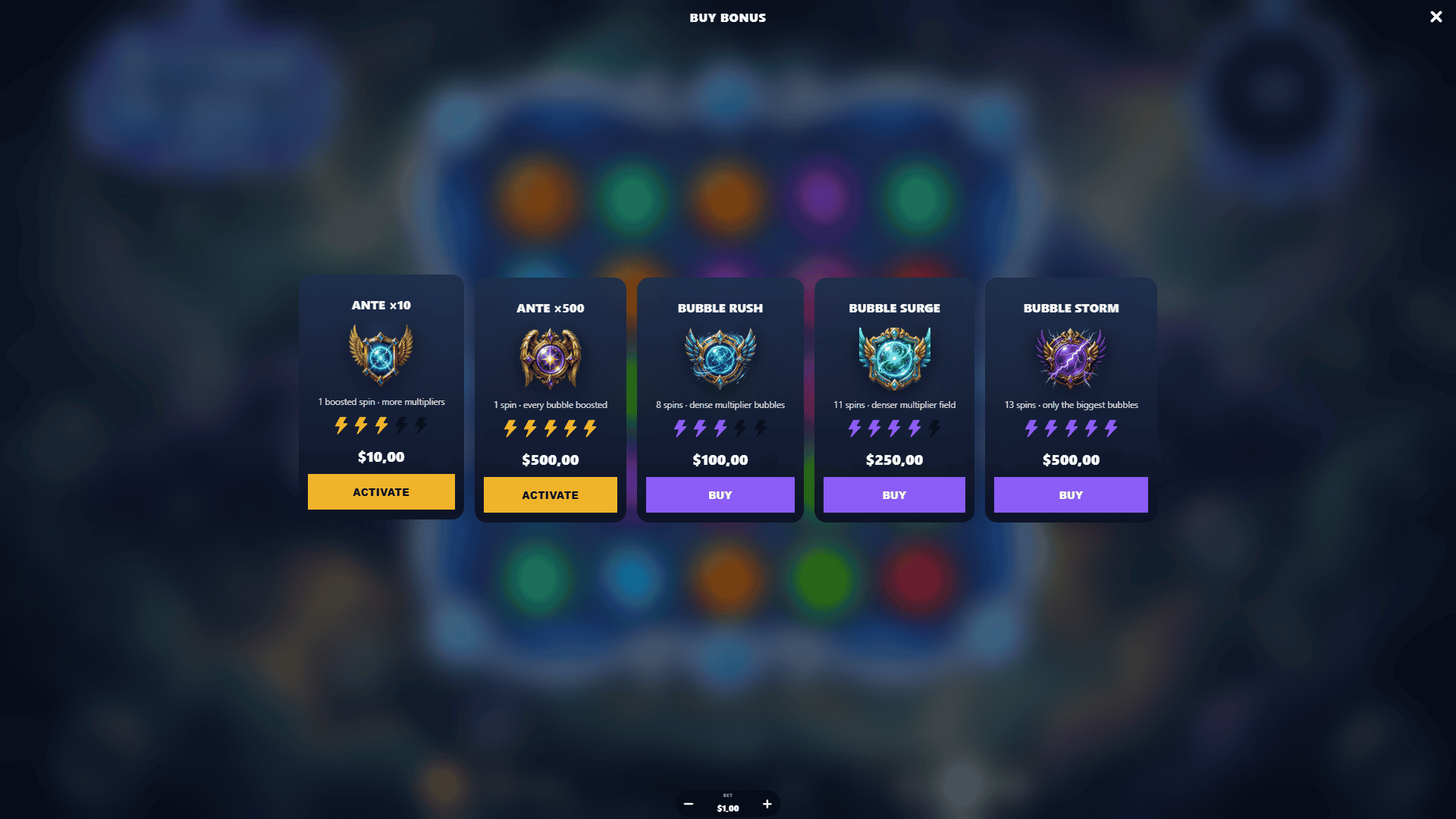 Storm Bubble bonus buy menu
