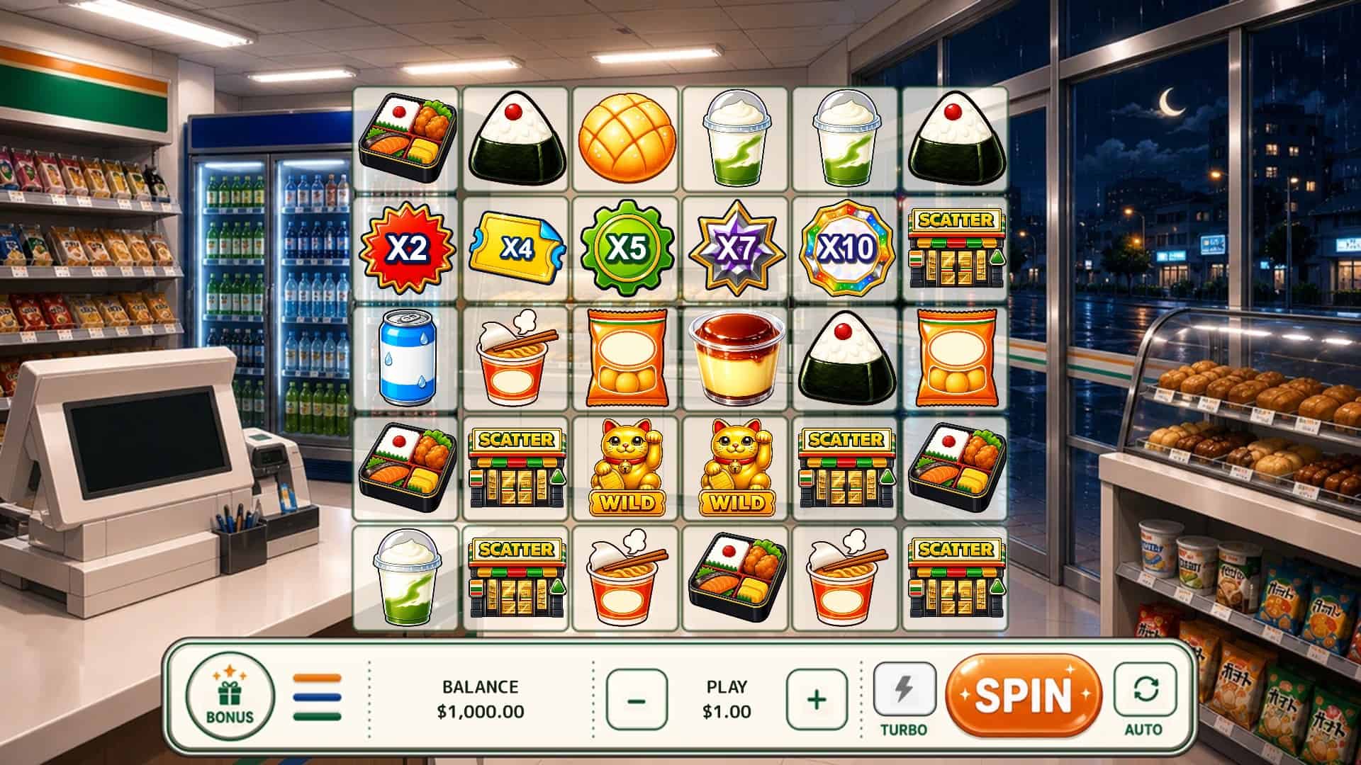 Konbini Nights slot gameplay reels