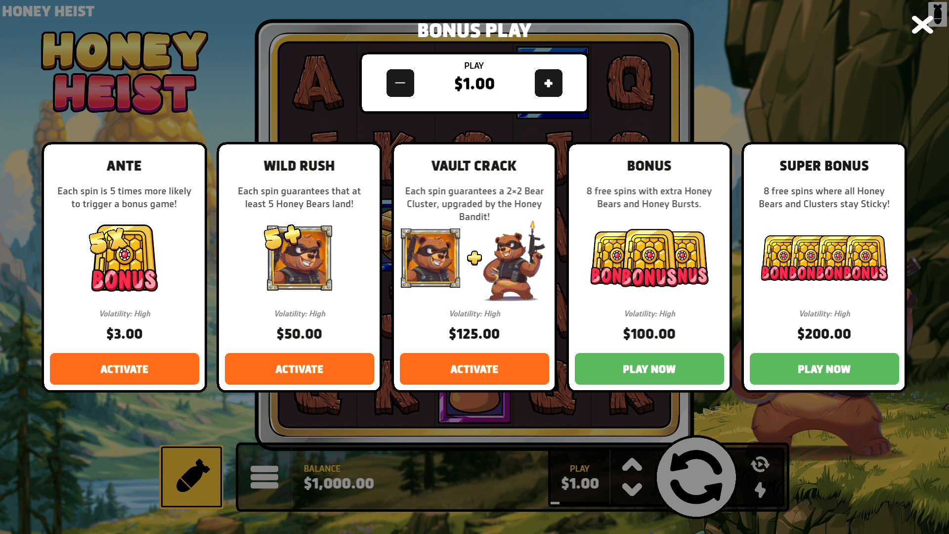 Honey Heist bonus buy menu