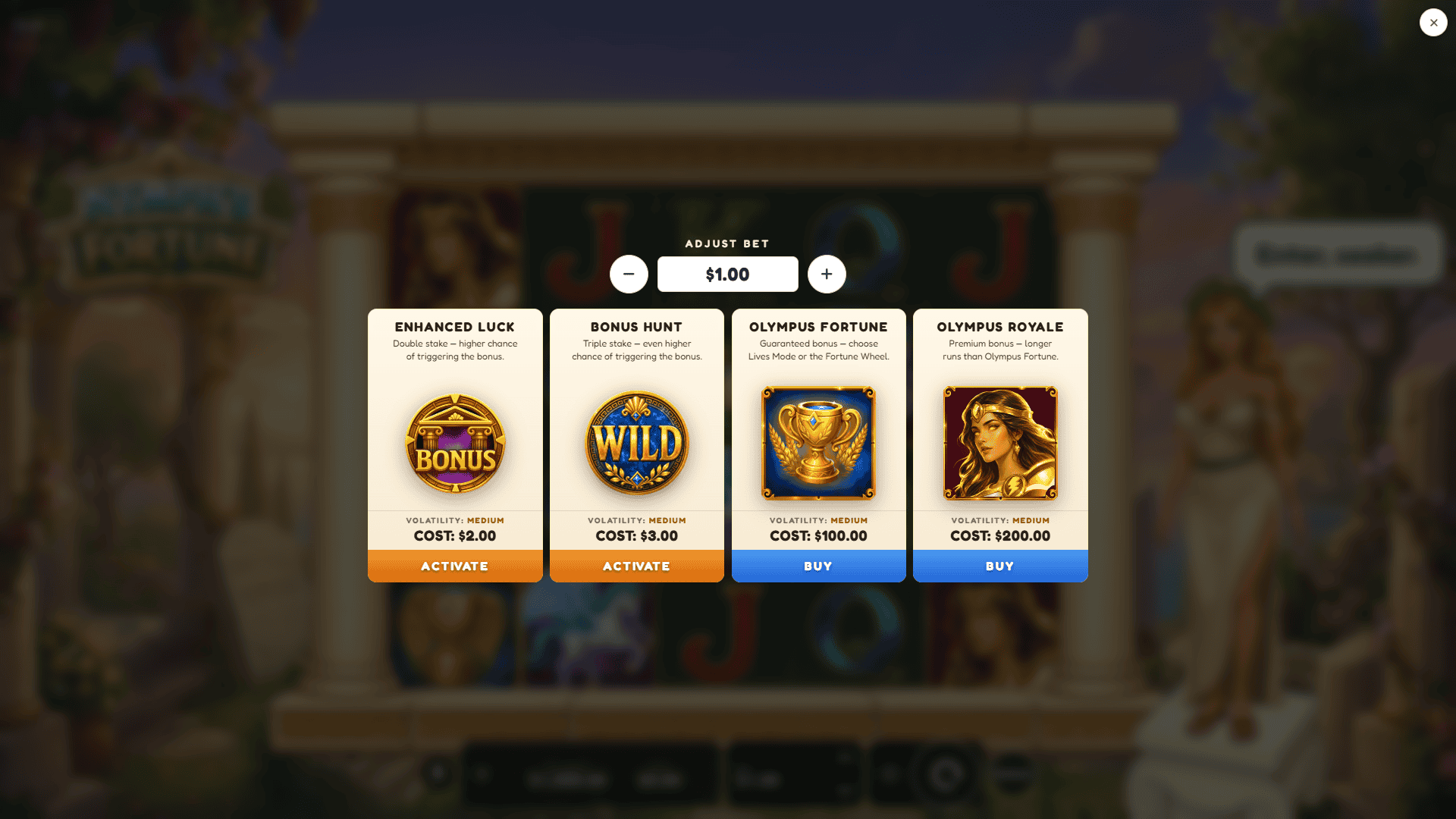 Nymph's Fortune bonus buy menu