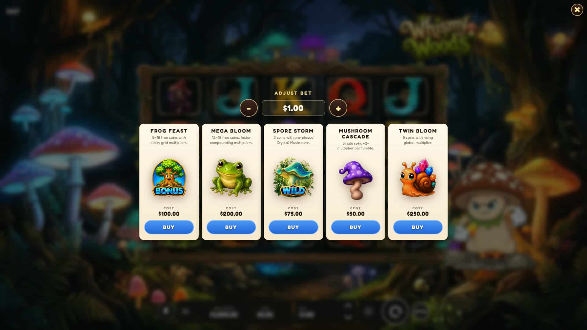 Whismy Woods bonus buy menu