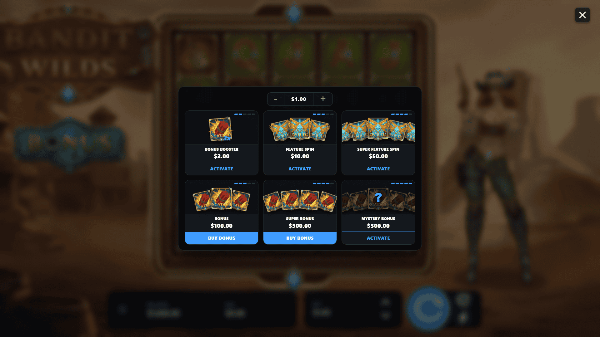 Bandit Wilds bonus buy menu