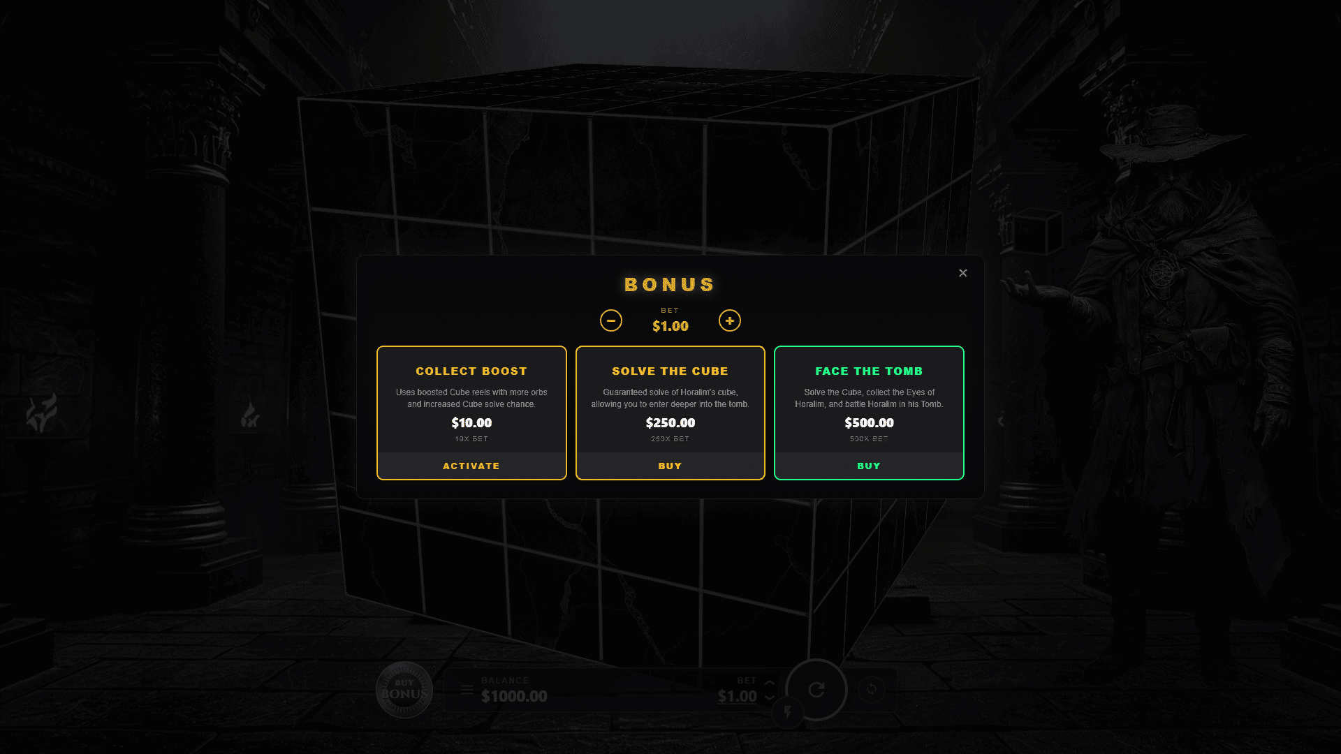 Secret of Horalim's Tomb bonus buy menu