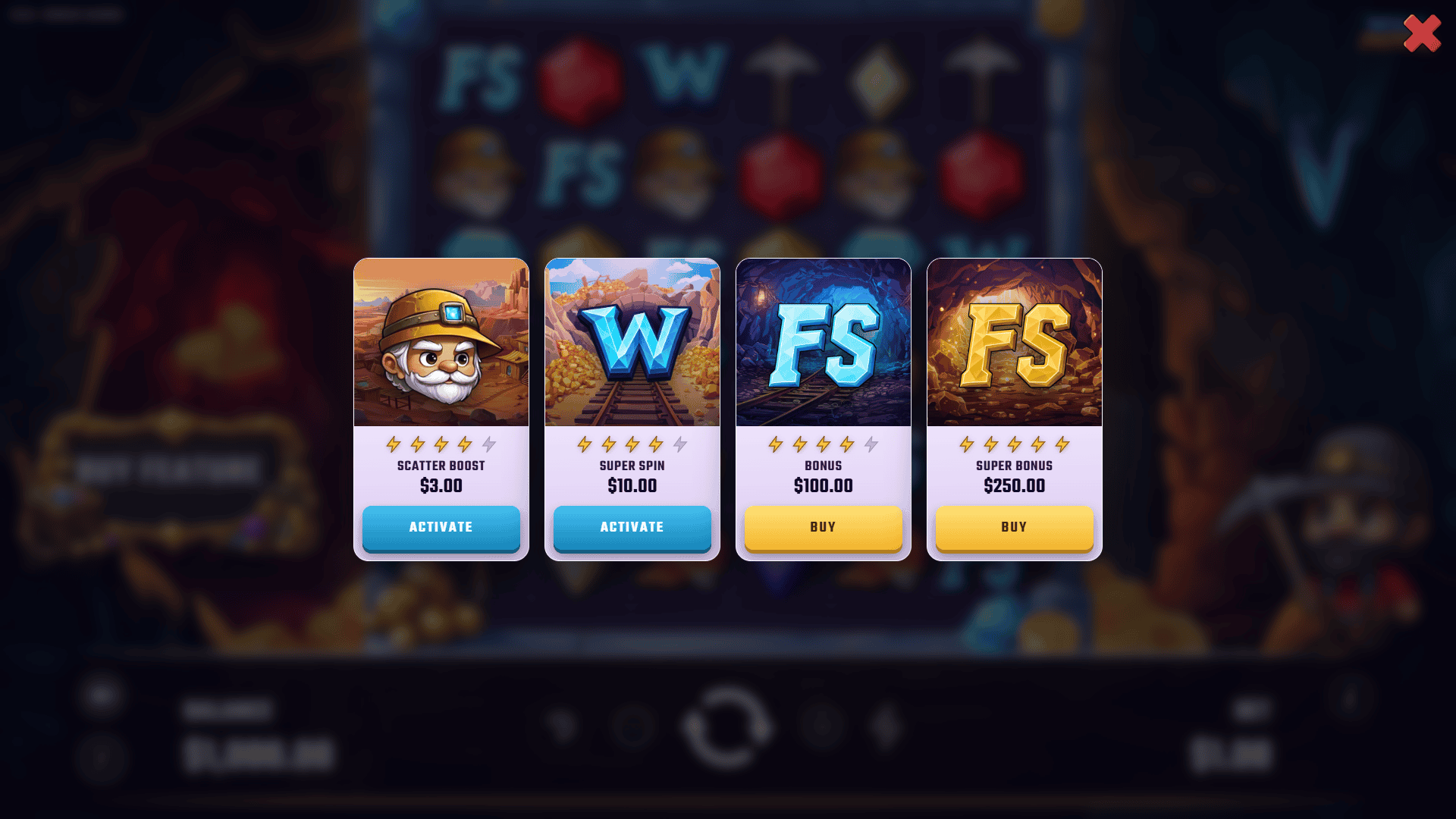 Wild Miner bonus buy menu