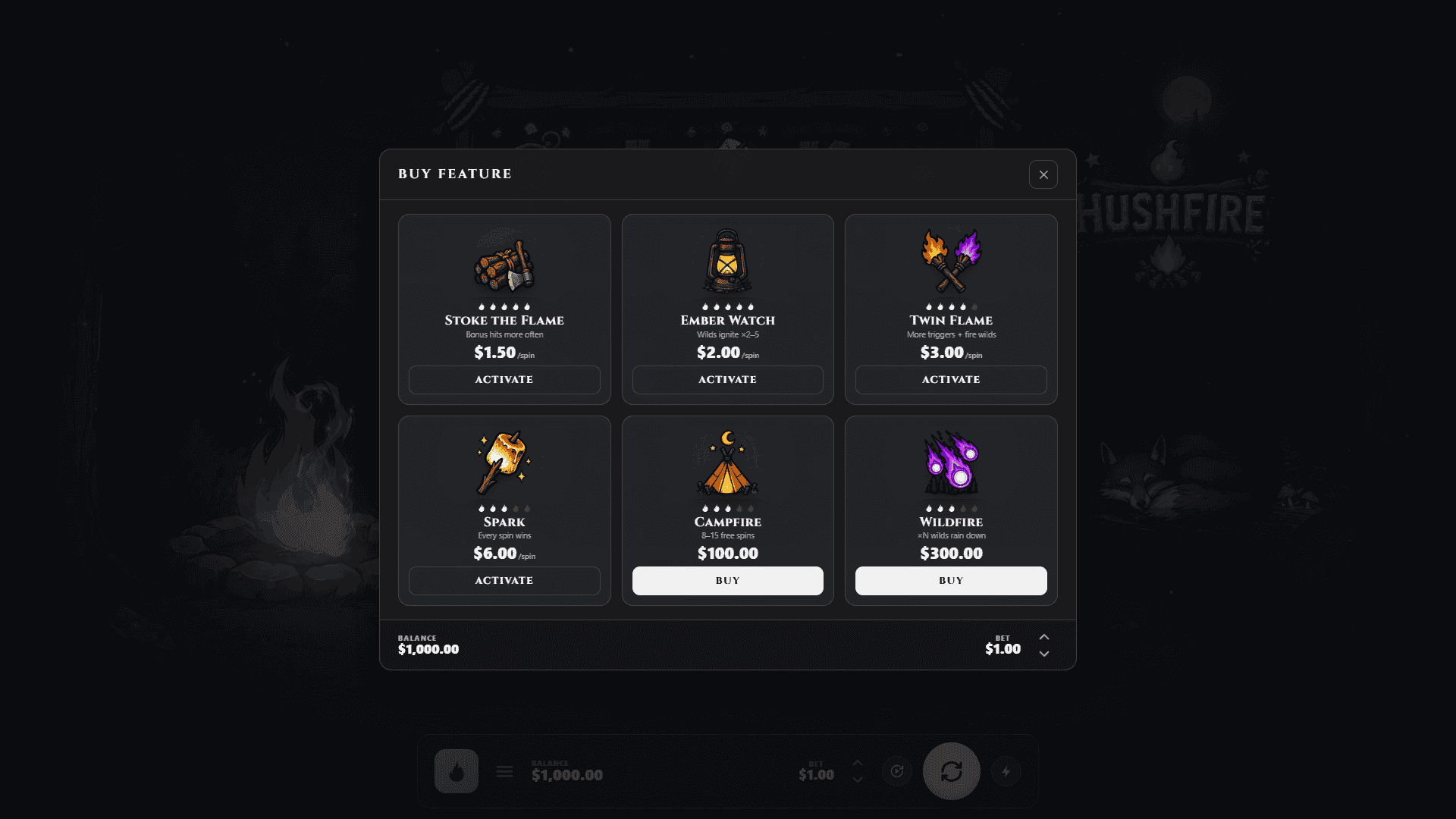 Hushfire Cluster Pays bonus buy menu