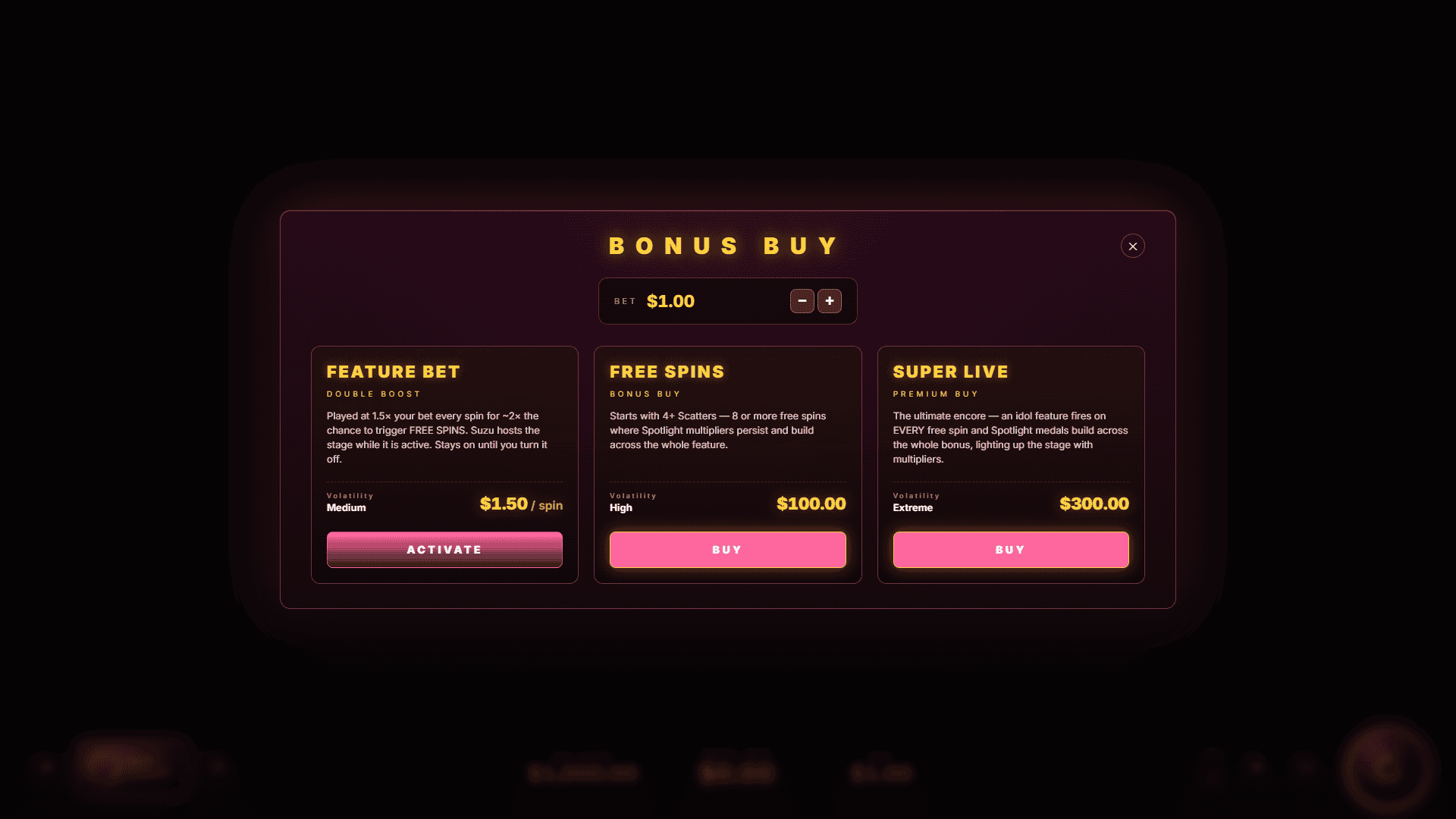 GOGO Idols! bonus buy menu
