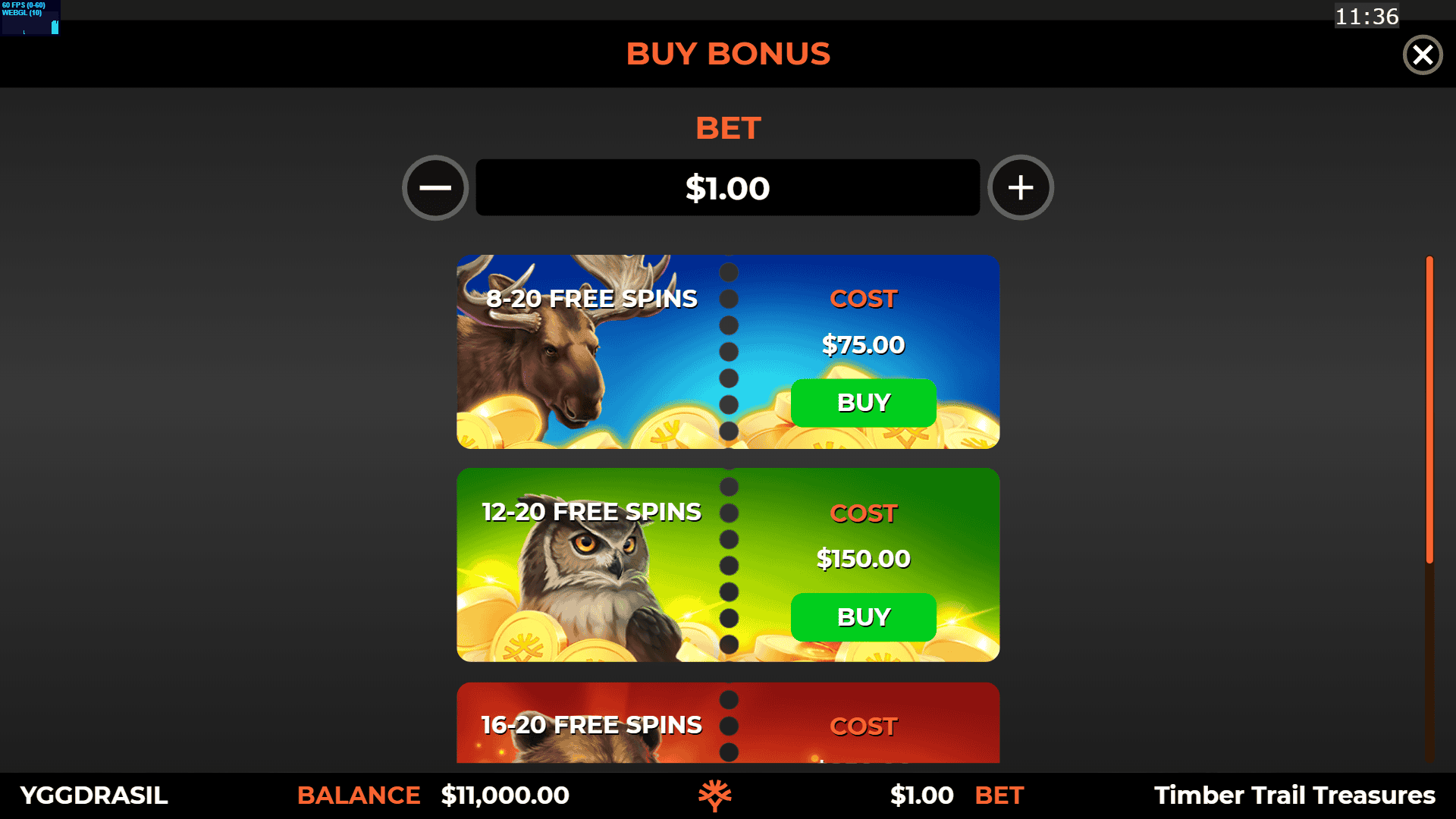 Timber Trail Treasures bonus buy menu