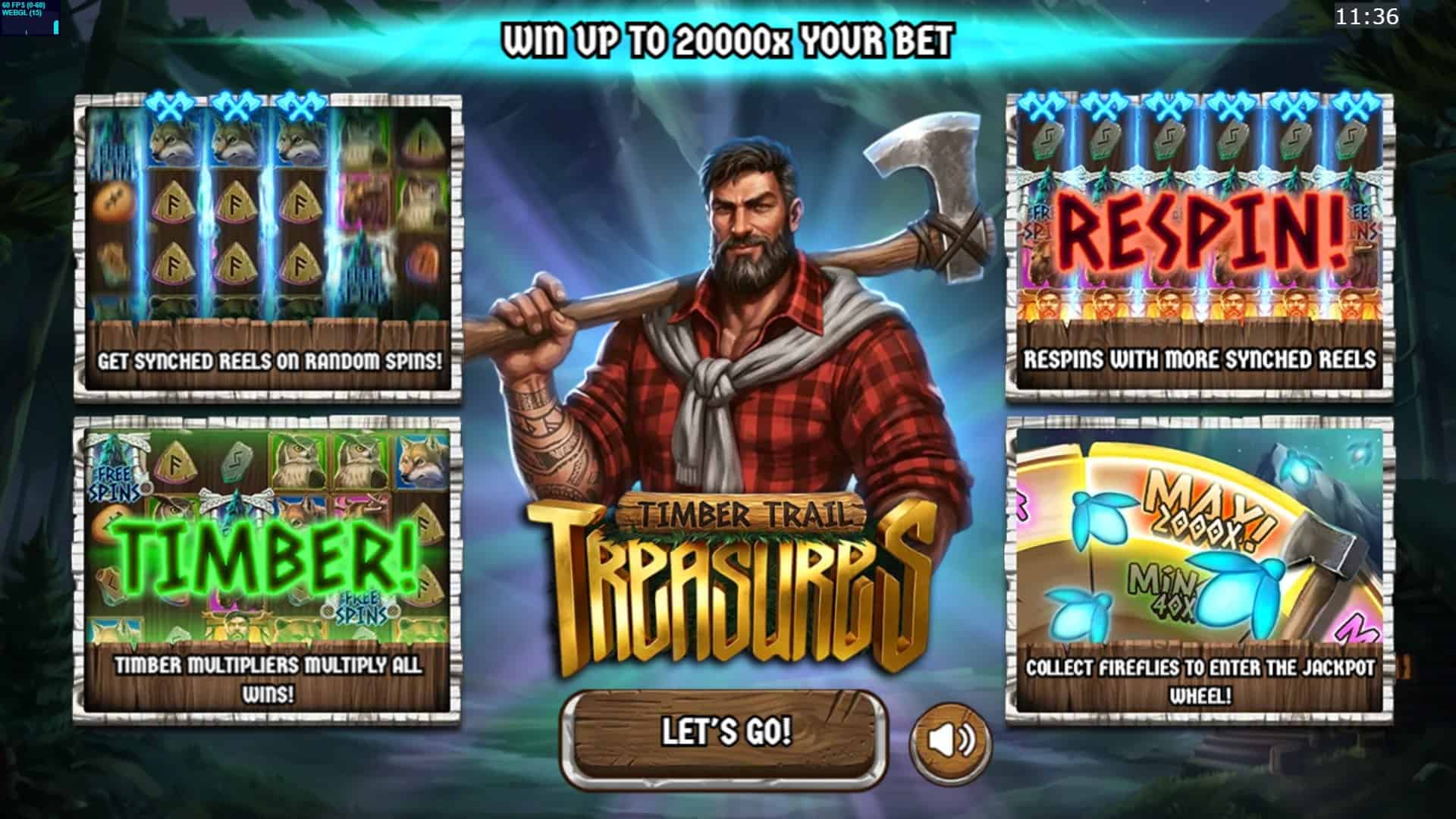 Timber Trail Treasures slot intro screen
