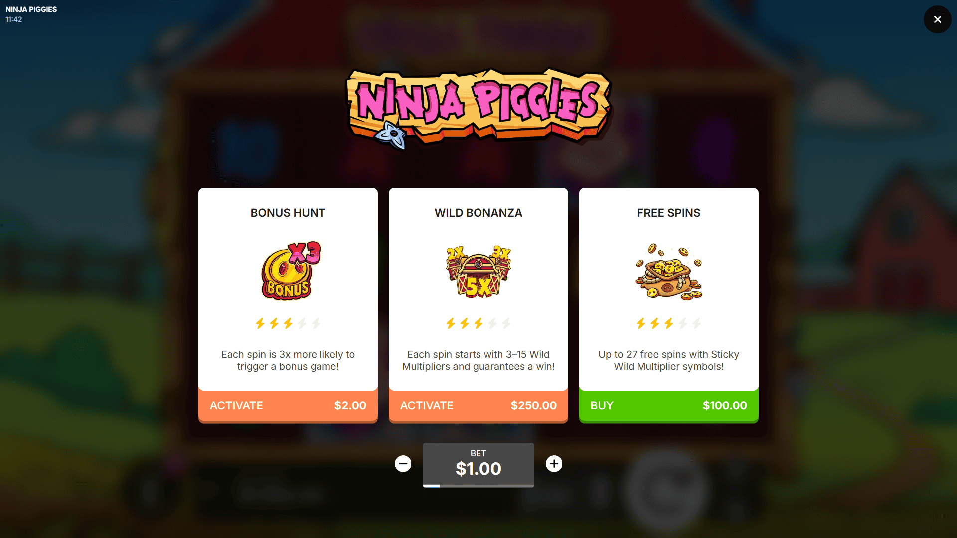 Ninja Piggies bonus buy menu