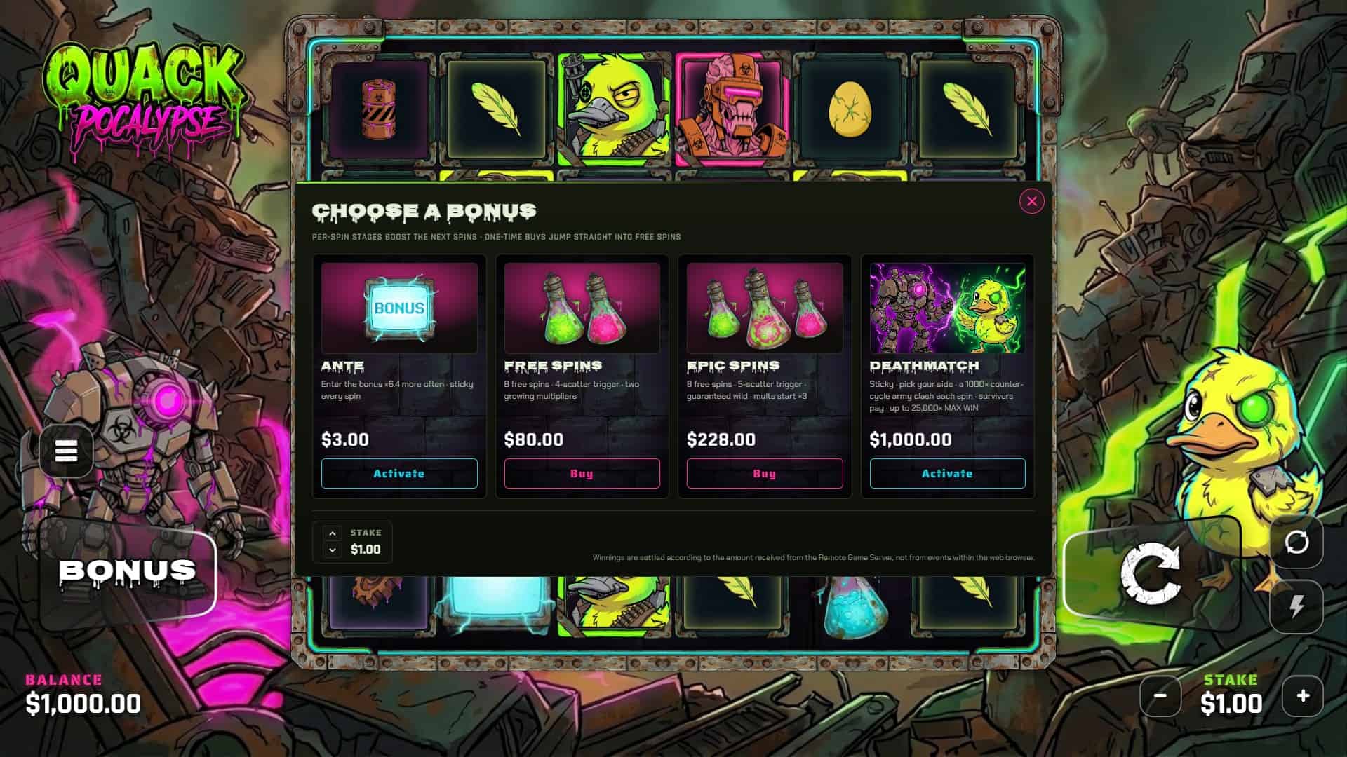 Quackpocalypse bonus buy menu