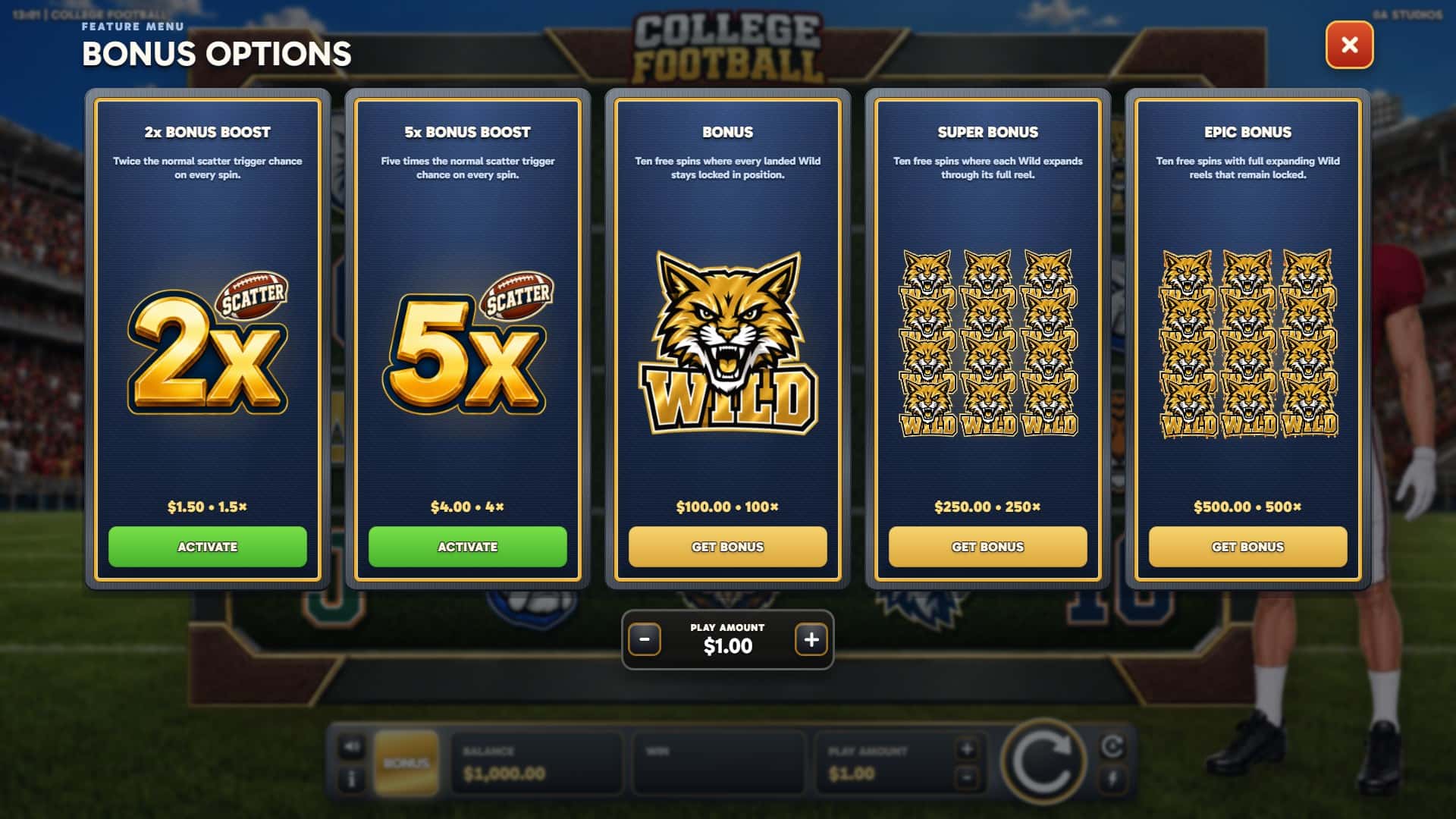College Football bonus buy menu