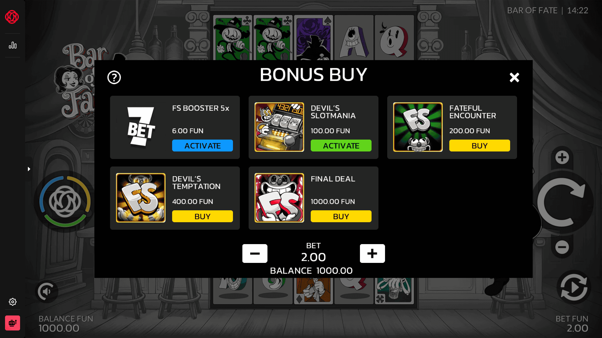 Bar of Fate bonus buy menu