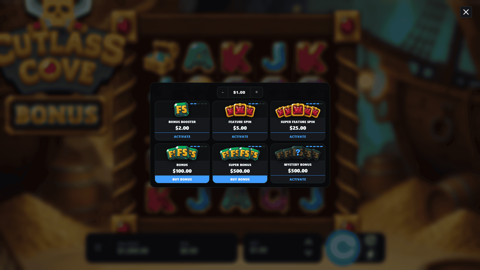 Cutlass Cove bonus buy menu