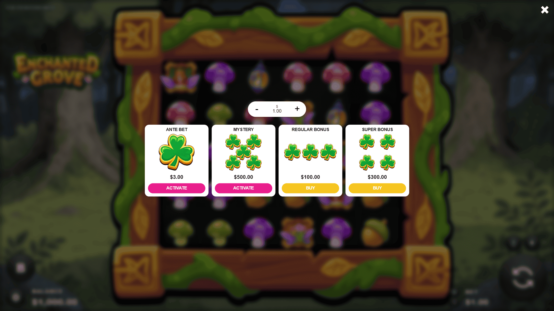 Enchanted Grove bonus buy menu
