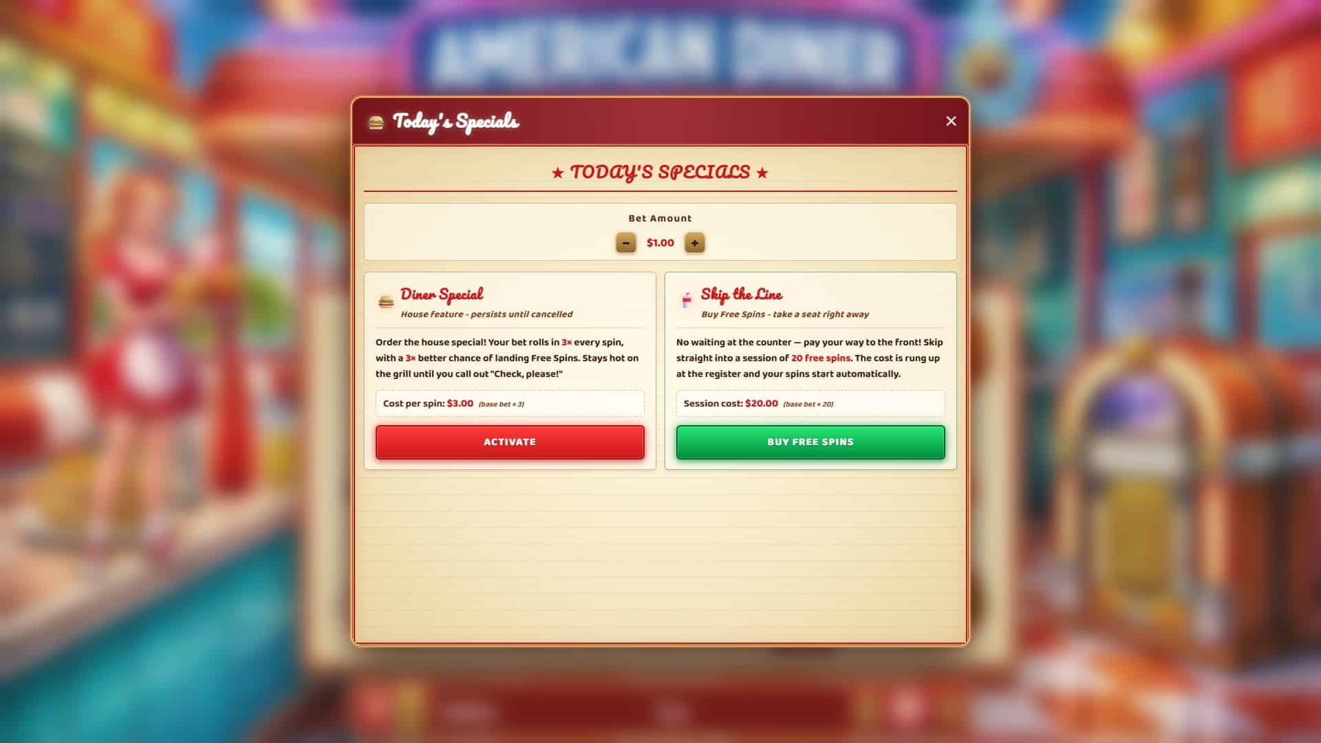 American Diner bonus buy menu
