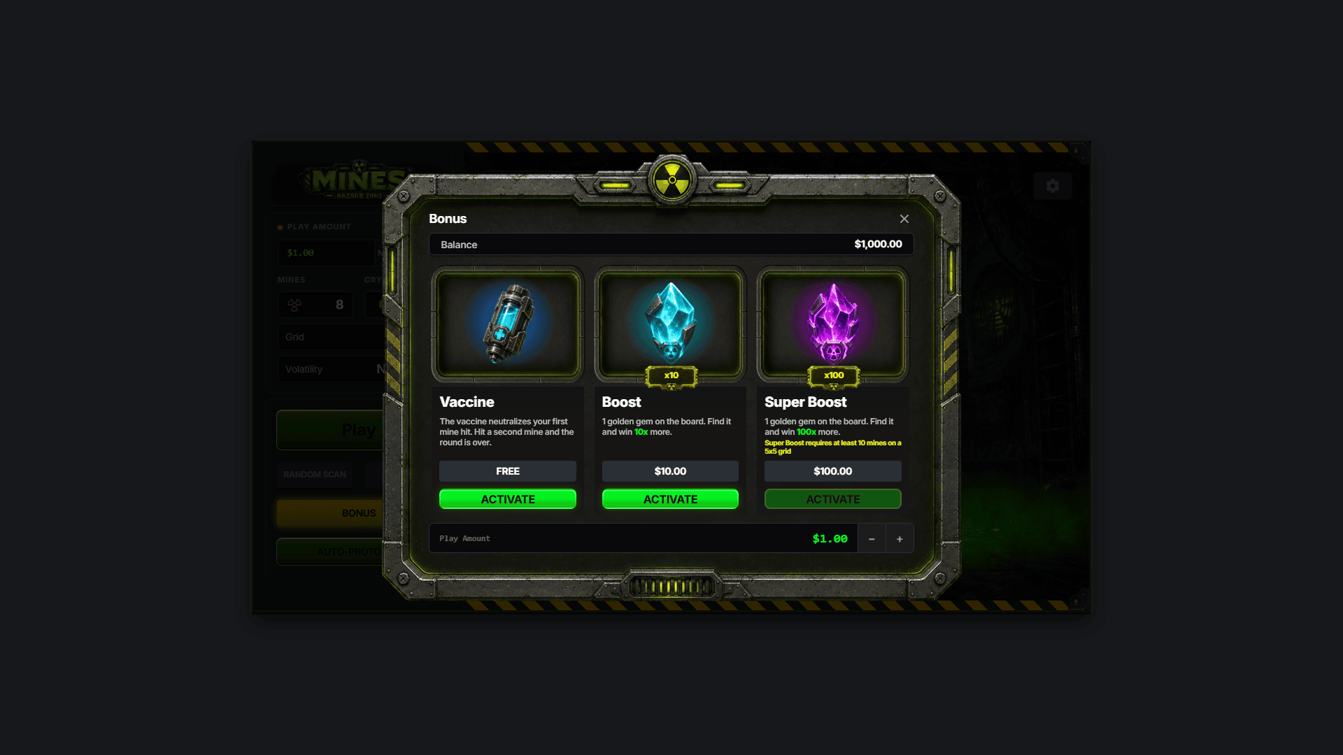 Mines Hazard Zone bonus buy menu