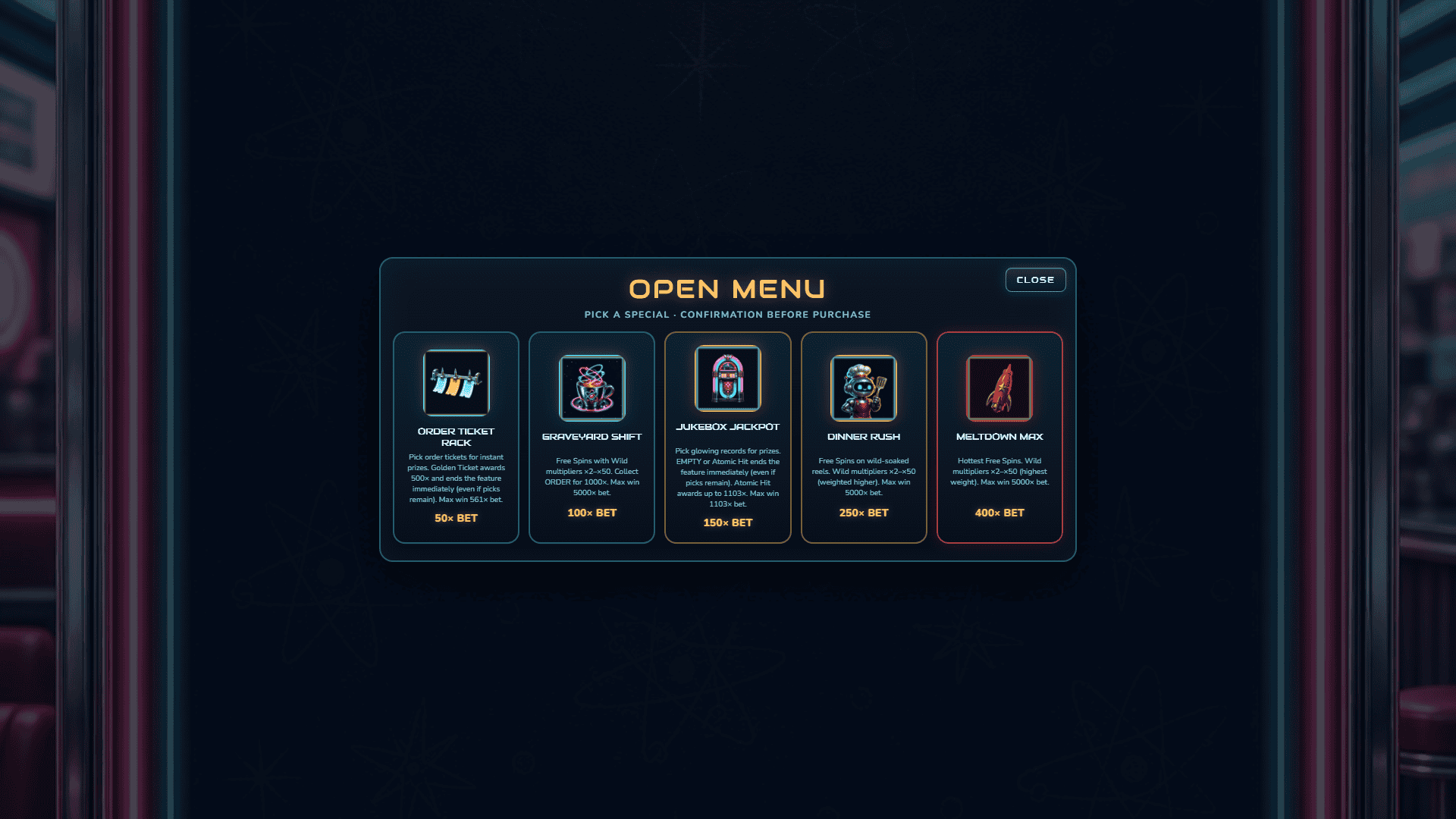 Atomic Diner bonus buy menu