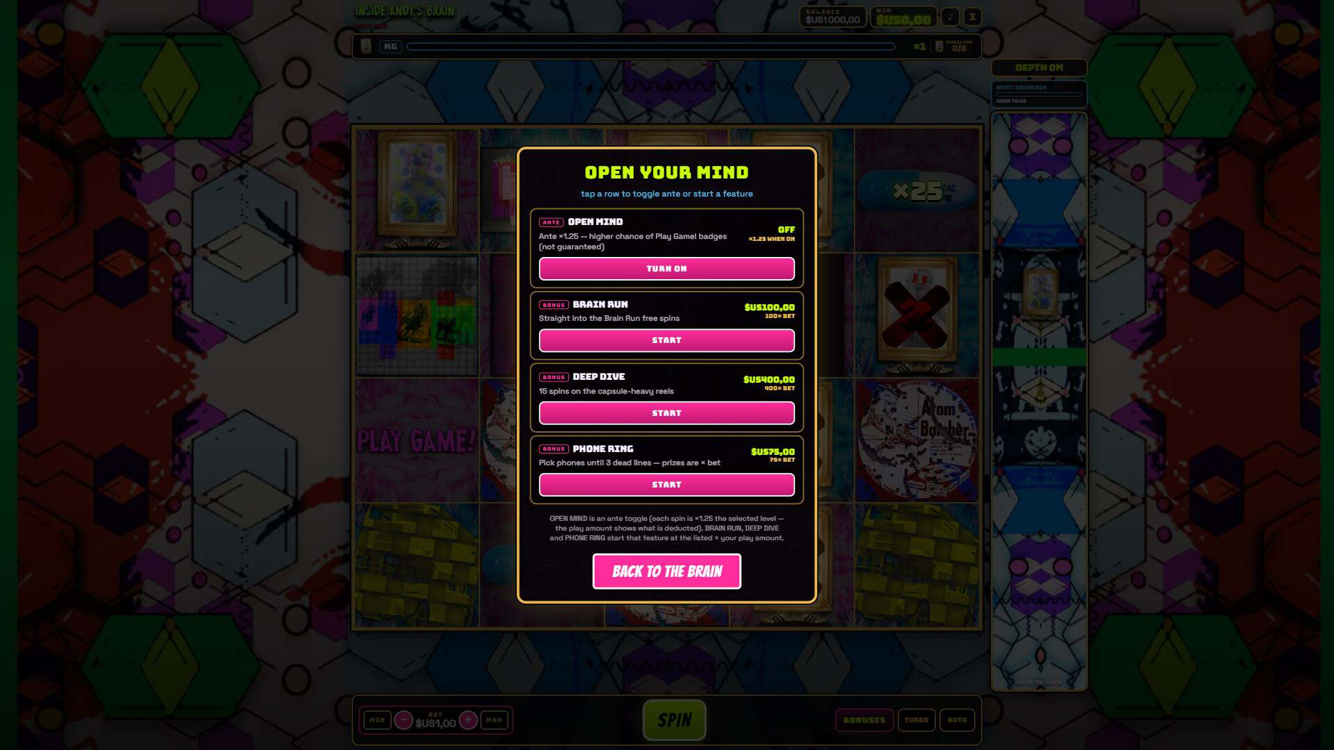 Inside Andy's Brain bonus buy menu