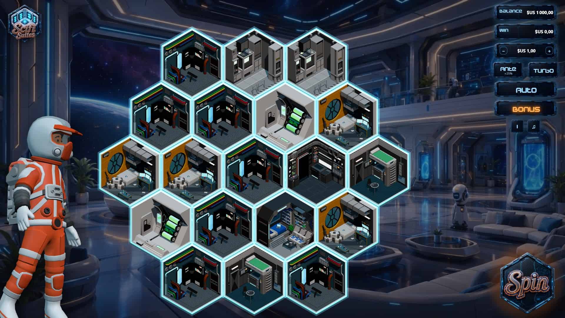 Scifi Suites slot gameplay reels