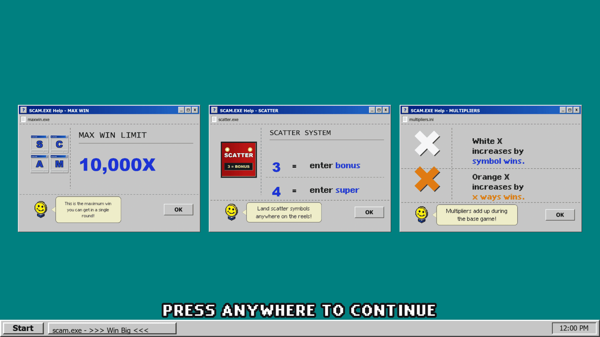 SCAM.EXE slot intro screen