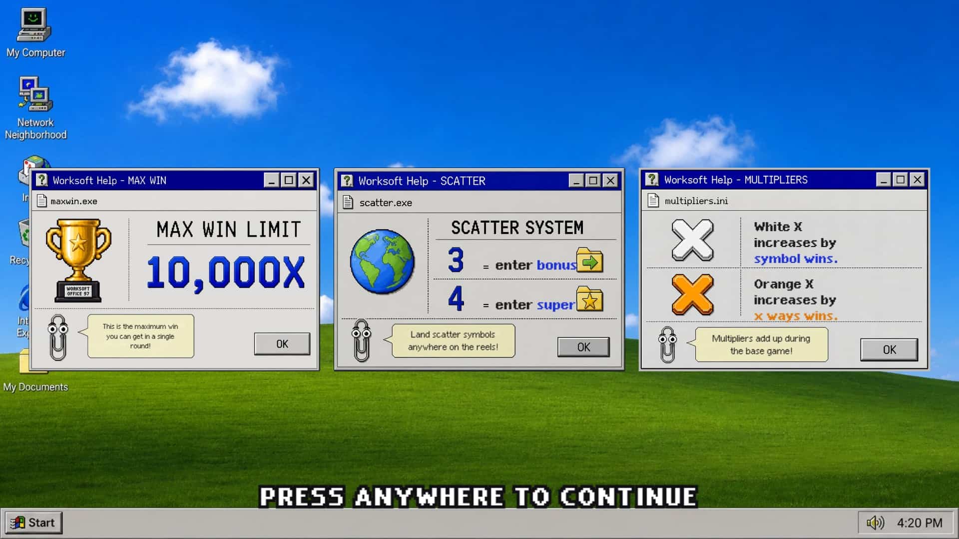 WORK.EXE slot intro screen
