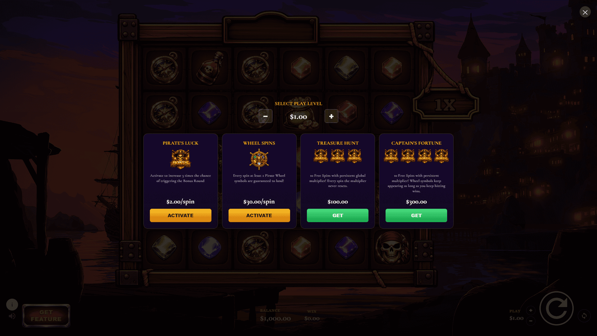Pirate Gold Wheel bonus buy menu