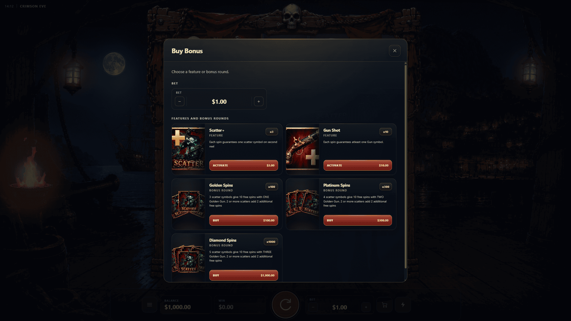 Crimson Eve bonus buy menu