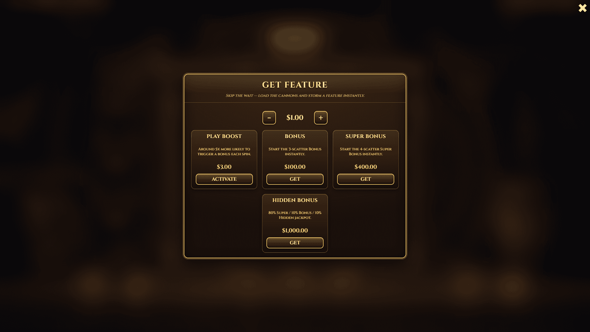 Cannon Crusaders bonus buy menu