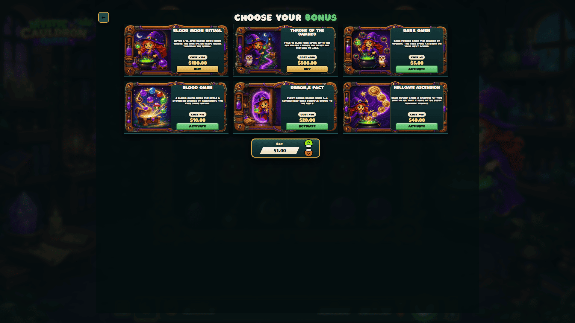 Mystic Cauldron Quest bonus buy menu