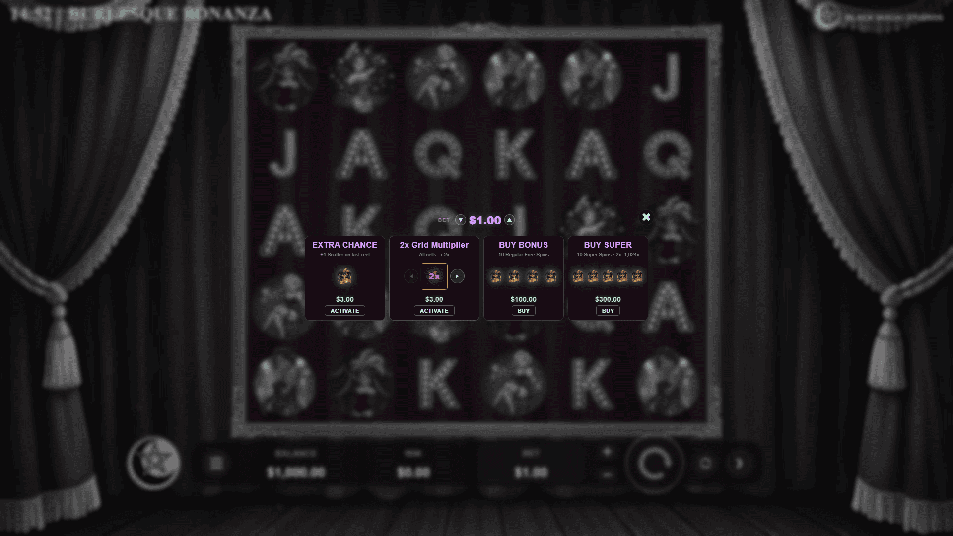 Burlesque Bonanza bonus buy menu