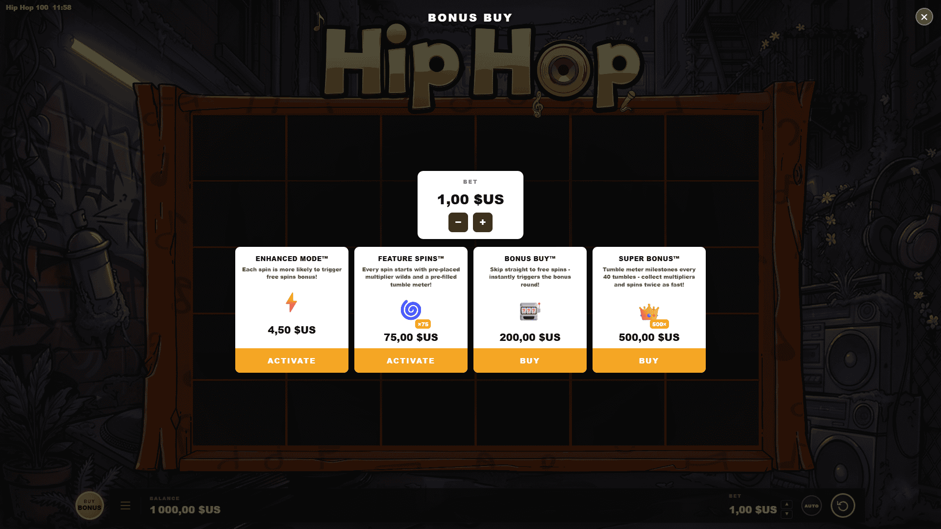 Hip Hop 101 bonus buy menu